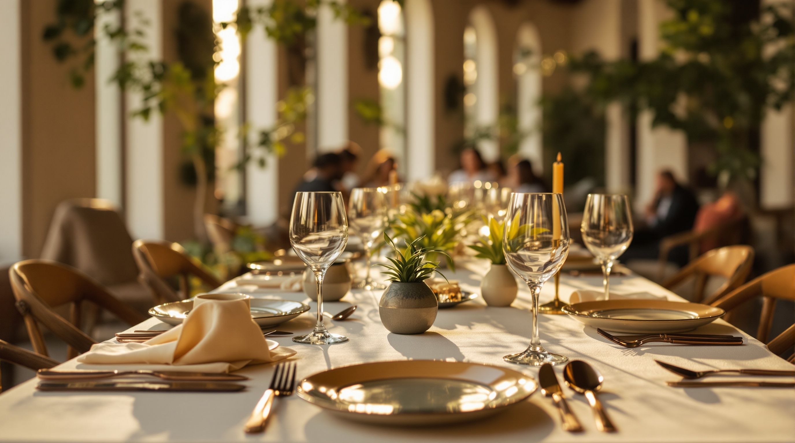Referencia ilustrativa de una mesa con vajilla, copas y vegetación, preparada para un encuentro.